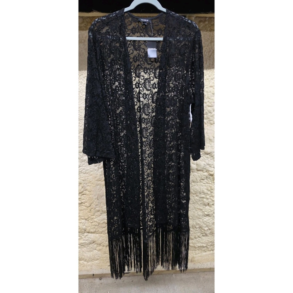 Torrid Women's Kimono Fringe Sheer Open Front Top Size 3X Deep Black